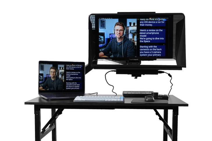 Desktop Arm Model Teleprompter Flex Plus 23.5" HD-SDI and HDMI Screen PrompterPeople Setup Side Angle with Arm - Free Fly Desktop Office, work from home Teleprompter - Face with Signal