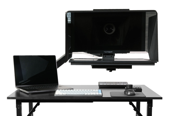 Desktop Arm Model Teleprompter Flex Plus 23.5" HD-SDI and HDMI Screen PrompterPeople Setup Side Angle with Arm - Free Fly Desktop Office, work from home Teleprompter 