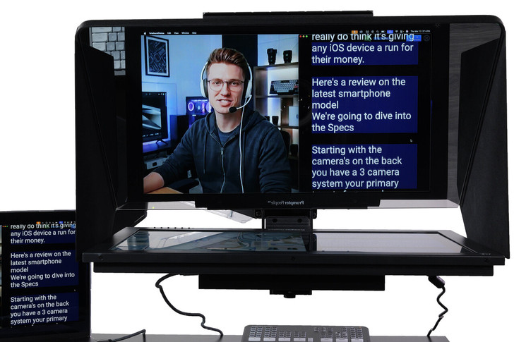 Desktop Arm Model Teleprompter Flex Plus 23.5" HD-SDI and HDMI Screen PrompterPeople Setup Side Angle with Arm - Free Fly Desktop Office, work from home Teleprompter - Face with Signal Close Up