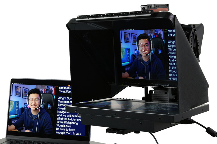 Desktop Arm Model Teleprompter Flex Plus 13.3" HD-SDI and HDMI Screen PrompterPeople Setup Side Angle with Arm - Free Fly Desktop Office, work from home Teleprompter - Face with Signal Close Up - Angled
