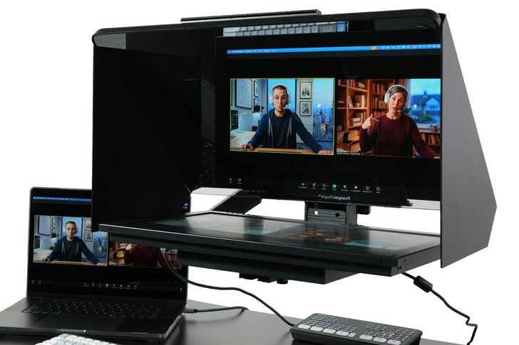 Desktop Arm Model Teleprompter Flex Plus 21.5" HD-SDI and HDMI Screen PrompterPeople Setup Side Angle with Arm - Free Fly Desktop Office, work from home Teleprompter - Face with Signal Close Up - Angled