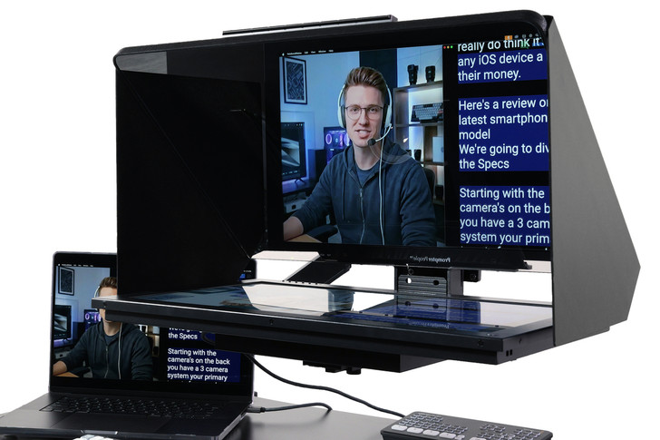 Desktop Arm Model Teleprompter Flex Plus 23.5" HD-SDI and HDMI Screen PrompterPeople Setup Side Angle with Arm - Free Fly Desktop Office, work from home Teleprompter - Face with Signal Close Up - Angled