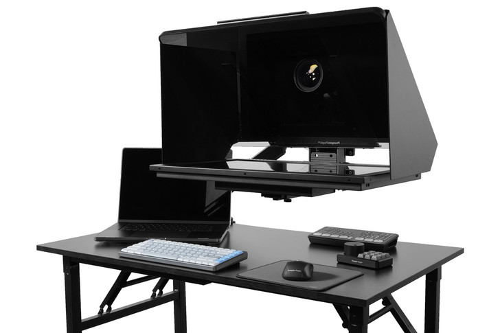 Desktop Arm Model Teleprompter Flex Plus 23.5" HD-SDI and HDMI Screen PrompterPeople Setup Side Angle with Arm - Free Fly Desktop Office, work from home Teleprompter - Angled