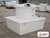 Snyder Industries 200 Gallon Plastic Chemical Feed Station Tank. High Density Linear Polyethylene; White; dimensions 57.0in H x 62.0in W x 76.0in L; 198.0 lb empty; 1.9 specific gravity rating. Manufacturer part number SII-5720103CF45. Sold by OneSource Plastics (https://www.onesourceplastics.com).