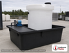 Snyder Industries 275 Gallon Plastic Chemical Feed Station Tank. High Density Linear Polyethylene; White; dimensions 59.0in H x 62.0in W x 76.0in L; 226.0 lb empty; 1.9 specific gravity rating. Manufacturer part number SII-5740103CF45. Sold by OneSource Plastics (https://www.onesourceplastics.com).