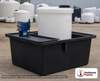Snyder Industries 440 Gallon HDLPE Chemical Feed Station Tank in White. High Density Linear Polyethylene; White; dimensions 69.0in H x 68.0in W x 83.0in L; 350.0 lb empty; 1.9 specific gravity rating. Manufacturer part number SII-5770103CF45. Sold by OneSource Plastics (https://www.onesourceplastics.com).