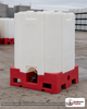 Snyder Industries 330 Gallon HDPE Stackable IBC Tote Tank in Red. High Density Polyethylene; White; dimensions 64.0in H x 45.0in W x 45.0in L; 268.0 lb empty; 1.9 specific gravity rating. Manufacturer part number SII-6610056B97205. Sold by OneSource Plastics (https://www.onesourceplastics.com).