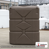 Bushman 265 Gallon Mocha Slimline Rainwater Storage Tank. 265 gallon capacity; Polyethylene; Mocha; dimensions 62.5in H x 25.0in W x 59.0in L; 119.0 lb empty; 1.0 specific gravity rating; fittings: 1 Manway / Lid, 3 Outlets, 1 Inlet; max temp 120 deg  F / 48 deg  C; 3 Year Warranty. Manufacturer part number 45492-ca. Manufactured by Norwesco. Sold by OneSource Plastics (https://www.onesourceplastics.com).