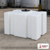 Snyder Industries 100 Gallon Industrial HDLPE Rectangular PCO Tank 1.5 SG. Polyethylene; White; dimensions 31.0in H x 30.0in W x 38.0in L; 65.0 lb empty; 1.5 specific gravity rating. Manufacturer part number SII-1200000N43. Sold by OneSource Plastics (https://www.onesourceplastics.com).
