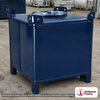 Snyder Industries 446 Gallon Carbon Steel Supertainer IBC Tote Tank. Carbon Steel; Dark Blue; dimensions 59.25in H x 48.0in W x 42.0in L; 542.0 lb empty; fittings: 1 Inlet , 1 Outlet , 1 Manway / Lid. Manufacturer part number 6984400B32210. Sold by OneSource Plastics (https://www.onesourceplastics.com).