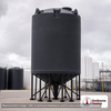 Snyder Industries 6500 Gallon Cone Bottom Tank. 6500 gallon capacity; Polyethylene; Black; dimensions 273.0in H x 90.0in W x 90.0in L; 2100.0 lb empty; 1.5 specific gravity rating; 30-degree cone bottom; fittings: 1 Manway / Lid; max temp 100 deg  F / 37 deg  C. Manufacturer part number 7180000n49. Manufactured by Snyder. Sold by OneSource Plastics (https://www.onesourceplastics.com).