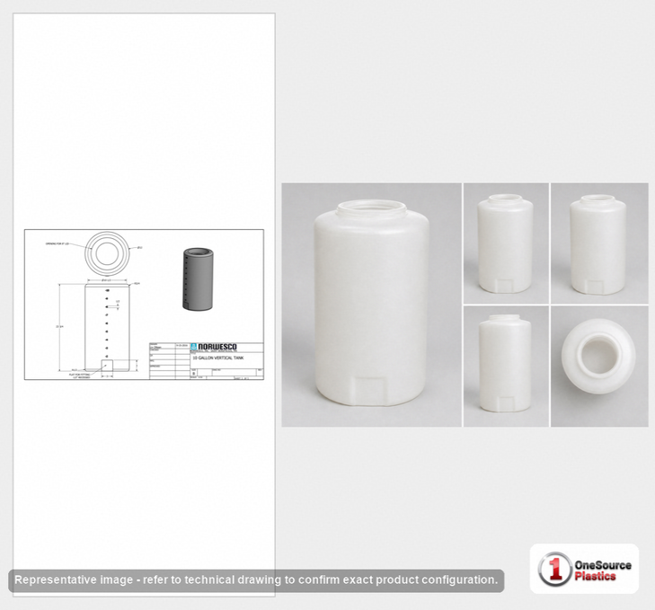 Dimensional spec drawing for Norwesco 10 Gallon Vertical Storage Tank (12" L x 12" W x 26" H)