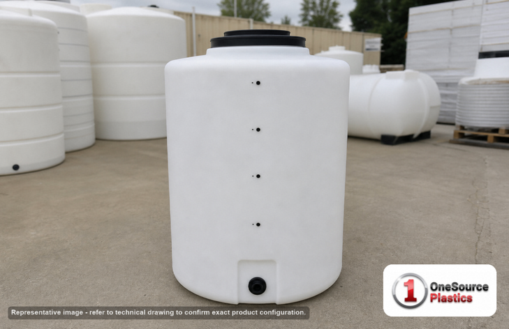 20 Gallon Vertical Liquid Storage Tank. 20 gallon capacity; Polyethylene; White; dimensions 28.0in H x 16.0in W x 16.0in L; 15.0 lb empty; 1.5 specific gravity rating; fittings: 0.75"; max temp 120 deg  F / 48 deg  C; 3 Year Warranty. Manufacturer part number 44846. Manufactured by Norwesco. Sold by OneSource Plastics (https://www.onesourceplastics.com).