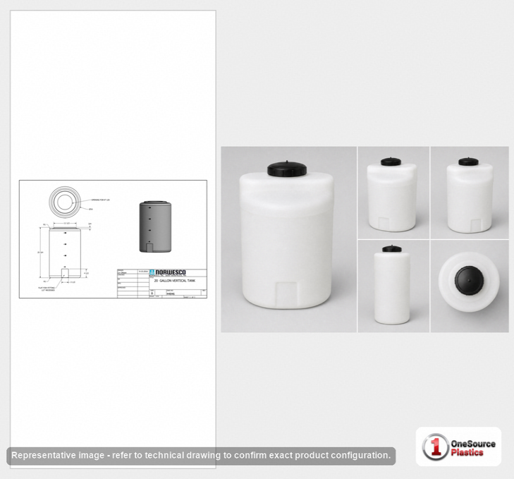 Dimensional spec drawing for Norwesco 20 Gallon Vertical Storage Tank (16" L x 16" W x 28" H)