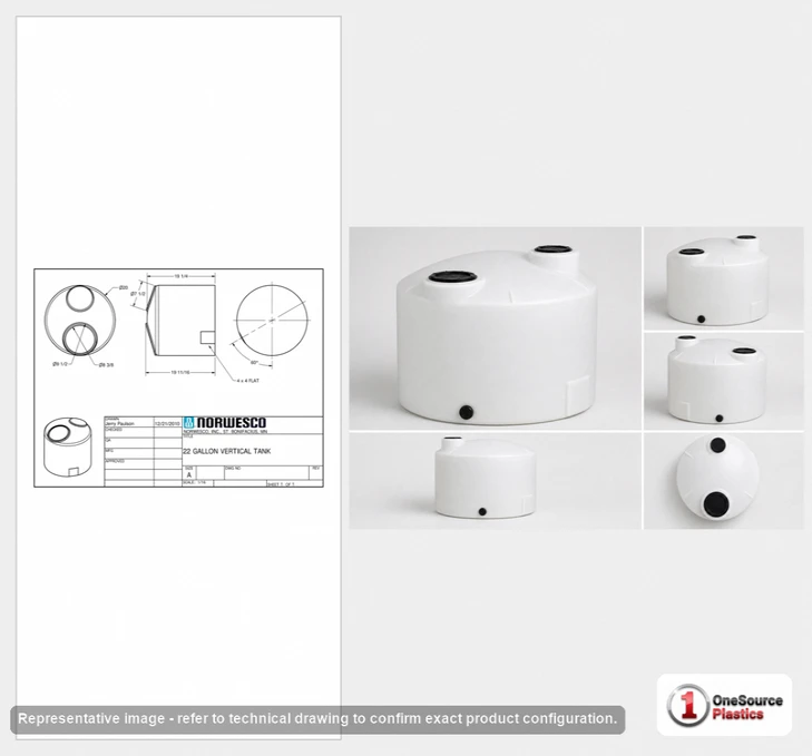 Dimensional spec drawing for Norwesco 22 Gallon Vertical Storage Tank (20" L x 20" W x 20" H)