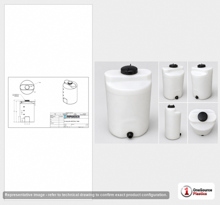 Dimensional spec drawing for Norwesco 25 Gallon Vertical Storage Tank