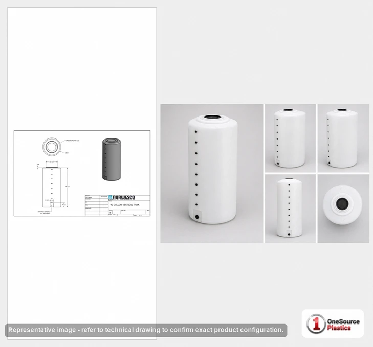 Dimensional spec drawing for Norwesco 40 Gallon Vertical Storage Tank