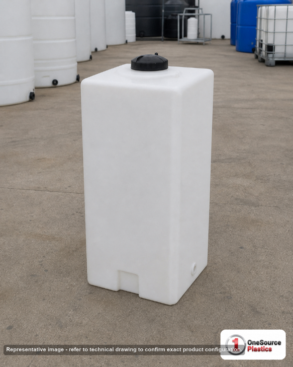55 Gallon Vertical Liquid Storage Tank. 55 gallon capacity; Polyethylene; White; dimensions 44.0in H x 18.0in W x 18.0in L; 35.0 lb empty; 1.5 specific gravity rating; fittings: 0.75"; max temp 120 deg  F / 48 deg  C; 3 Year Warranty. Manufacturer part number 41451. Sold by OneSource Plastics (https://www.onesourceplastics.com).