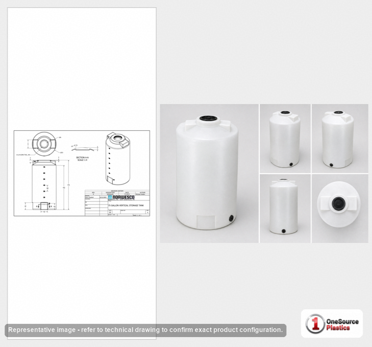 Dimensional spec drawing for Norwesco 75 Gallon Vertical Storage Tank
