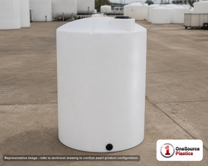 120 Gallon Vertical Liquid Storage Tank - Natural White (28" x 54"). High Density Linear Polyethylene; White; dimensions 54.0in H x 28.0in W x 28.0in L; 52.0 lb empty; 1.9 specific gravity rating. Manufacturer part number N-45868. Sold by OneSource Plastics (https://www.onesourceplastics.com).