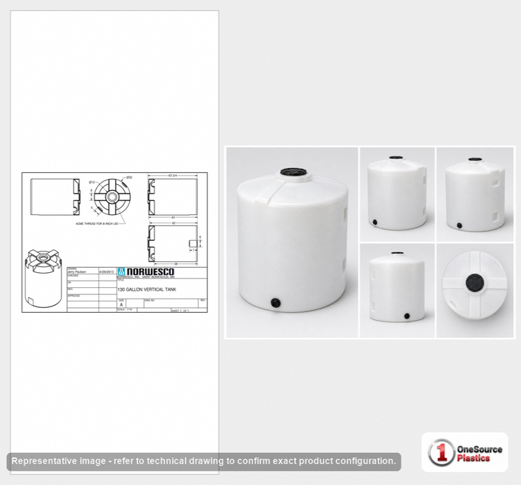 Dimensional spec drawing for Norwesco 130 Gallon Vertical Storage Tank