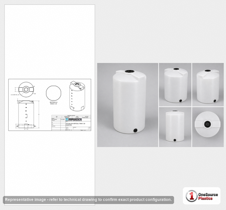 Dimensional spec drawing for Norwesco 150 Gallon Vertical Storage Tank