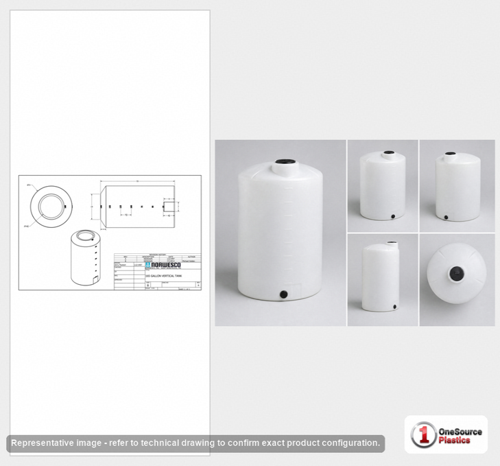 Dimensional spec drawing for Norwesco 165 Gallon Vertical Storage Tank
