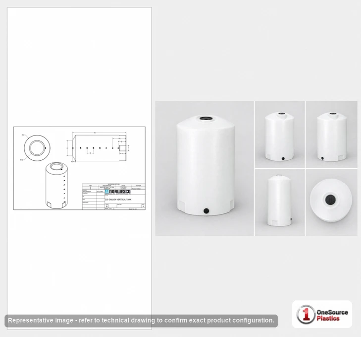 Dimensional spec drawing for Norwesco 210 Gallon Vertical Storage Tank