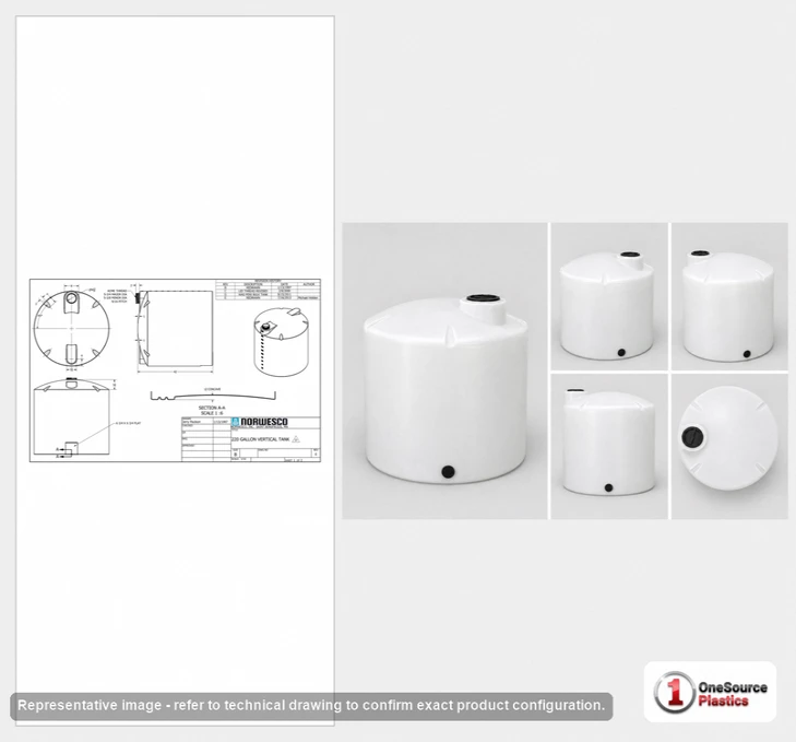 Dimensional spec drawing for Norwesco 220 Gallon Vertical Storage Tank