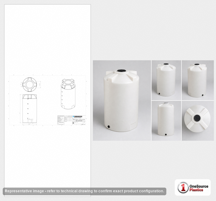 Dimensional spec drawing for Norwesco 250 Gallon Vertical Storage Tank (35" L x 35" W x 68" H)