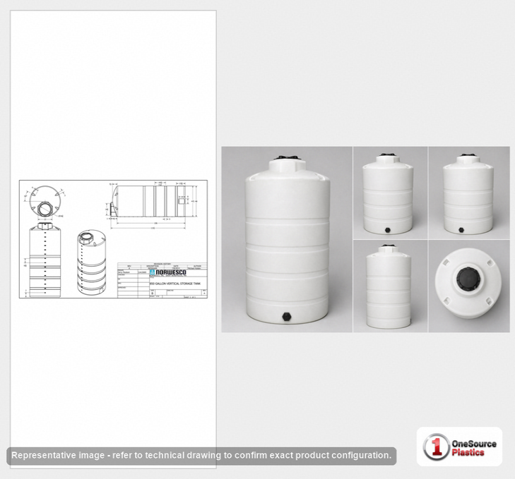 Dimensional spec drawing for Norwesco 850 Gallon Vertical Storage Tank