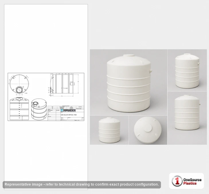 Dimensional spec drawing for Norwesco 1000 Gallon Vertical Storage Tank