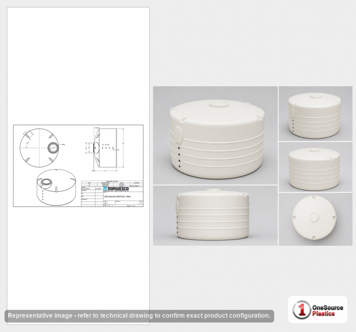 Dimensional spec drawing for Norwesco 1100 Gallon Vertical Storage Tank