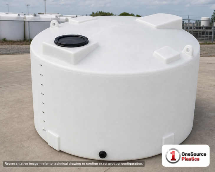 2000 Gallon Vertical Liquid Storage Tank - Natural White (93" x 80"). Polyethylene; White; dimensions 80.0in H x 93.0in W x 93.0in L; 300.0 lb empty; 1.5 specific gravity rating. Manufacturer part number N-41513. Sold by OneSource Plastics (https://www.onesourceplastics.com).