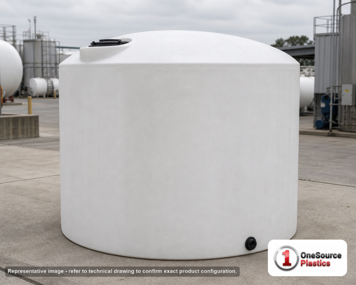 5000 Gallon Vertical Liquid Storage Tank - Natural White (119" x 86"). Polyethylene; White; dimensions 112.0in H x 119.0in W x 119.0in L; 775.0 lb empty; 1.5 specific gravity rating. Manufacturer part number N-45355. Sold by OneSource Plastics (https://www.onesourceplastics.com).