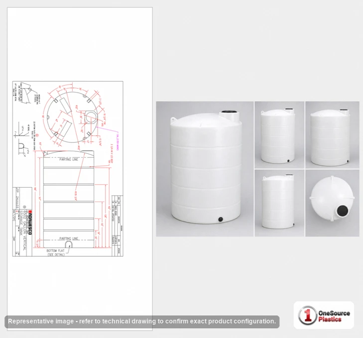 Dimensional spec drawing for Norwesco 6502 Gallon Vertical Storage Tank