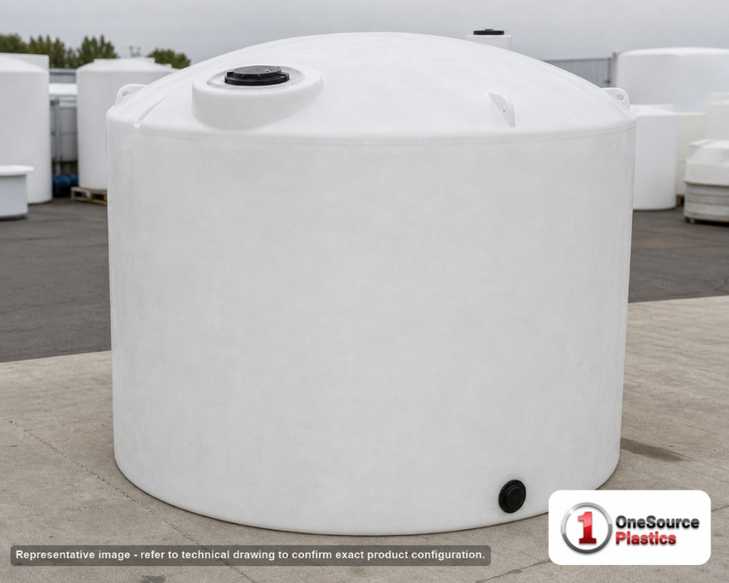 9000 Gallon Vertical Liquid Storage Tank. Polyethylene; White; dimensions 146.0in H x 141.0in W x 141.0in L; 1680.0 lb empty; 1.5 specific gravity rating. Manufacturer part number N-43618. Sold by OneSource Plastics (https://www.onesourceplastics.com).