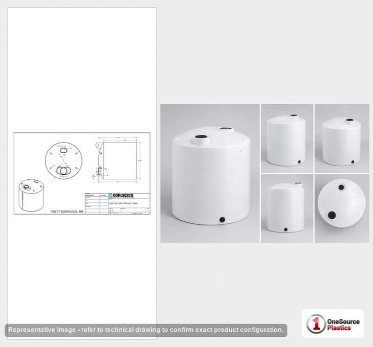 Dimensional spec drawing for Norwesco 9000 Gallon Vertical Storage Tank (141" L x 141" W x 146" H)