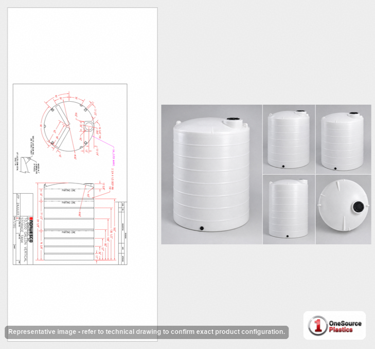 Dimensional spec drawing for Norwesco 10500 Gallon Vertical Storage Tank (130" L x 130" W x 202" H)