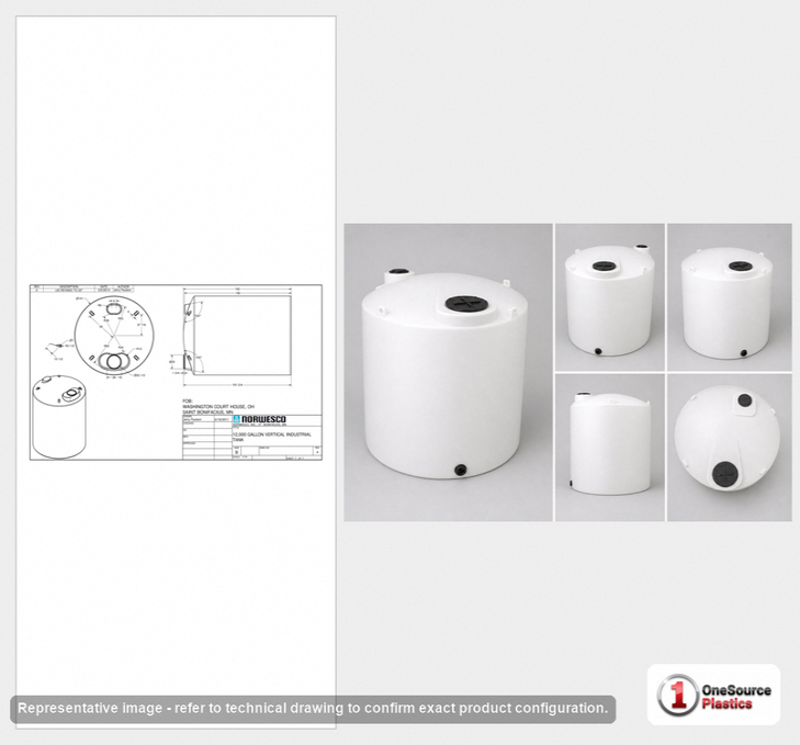 Dimensional spec drawing for Norwesco 12000 Gallon Vertical Storage Tank (141" L x 141" W x 193" H)