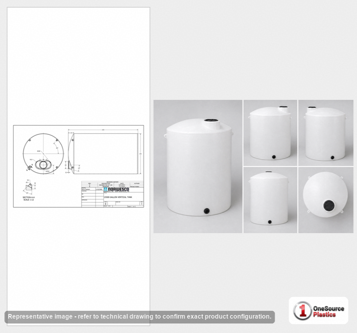 Dimensional spec drawing for Norwesco 15500 Gallon Vertical Storage Tank