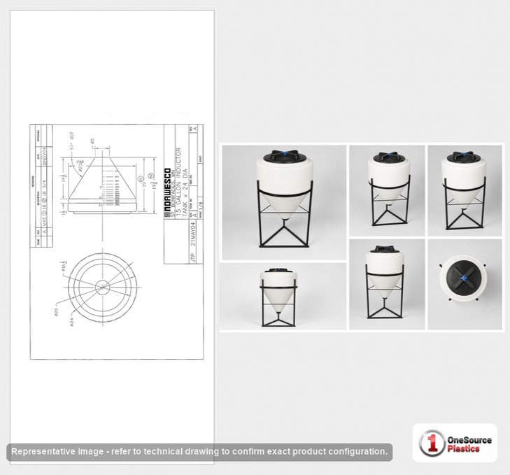 Dimensional spec drawing for Norwesco 15 Gallon Cone Bottom Tank (24" L x 24" W x 21" H)