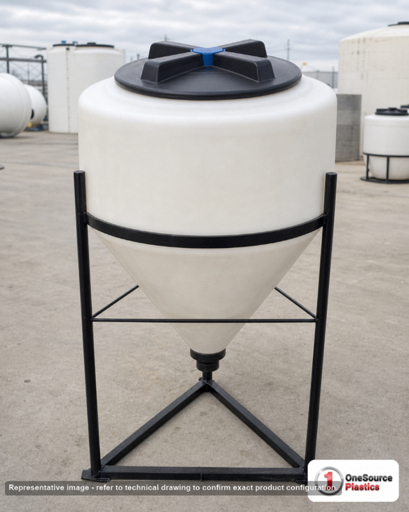 30 Gallon 57 Degree Cone Bottom Inductor Tank. 30.0 gallon capacity; Polyethylene; White; dimensions 28.0in H x 24.0in W x 24.0in L; 20.0 lb empty; 1.5 specific gravity rating; fittings: 2"; max temp 120 deg  F / 48 deg  C; 3 Year Warranty. Manufacturer part number 42065. Sold by OneSource Plastics (https://www.onesourceplastics.com).