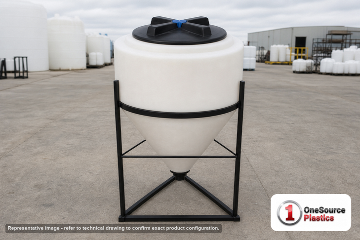 60 Gallon 57 Degree Cone Bottom Inductor Tank. 60.0 gallon capacity; Polyethylene; White; dimensions 42.0in H x 24.0in W x 24.0in L; 28.0 lb empty; 1.5 specific gravity rating; fittings: 2; max temp 120 deg  F / 48 deg  C; 3 Year Warranty. Manufacturer part number 42066. Sold by OneSource Plastics (https://www.onesourceplastics.com).