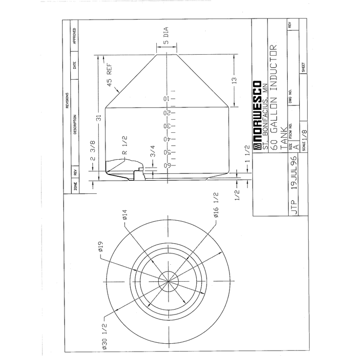 60 Gallon 45 Degree Cone Bottom Inductor Tank