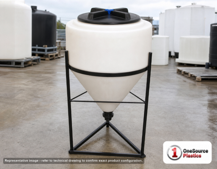 60 Gallon 45 Degree Cone Bottom Inductor Tank. 60.0 gallon capacity; Polyethylene; White; dimensions 32.0in H x 31.0in W x 31.0in L; 26.0 lb empty; 1.5 specific gravity rating; fittings: 2"; max temp 120 deg  F / 48 deg  C; 3 Year Warranty. Manufacturer part number 62205. Sold by OneSource Plastics (https://www.onesourceplastics.com).