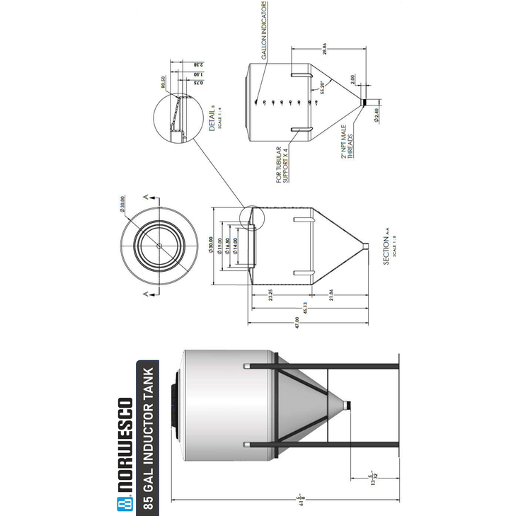 85 Gallon Full Drain Cone Bottom Inductor Tank