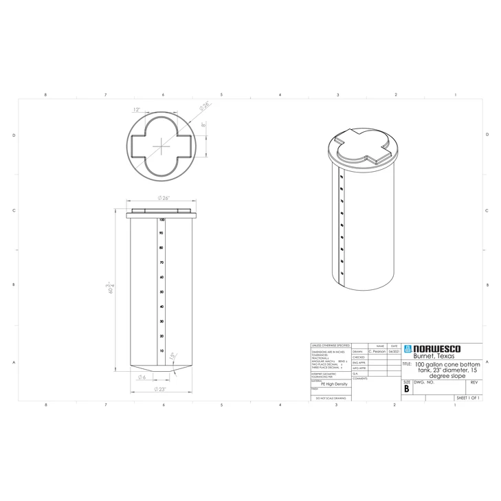 100 Gallon 15 Degree Cone Bottom Tank