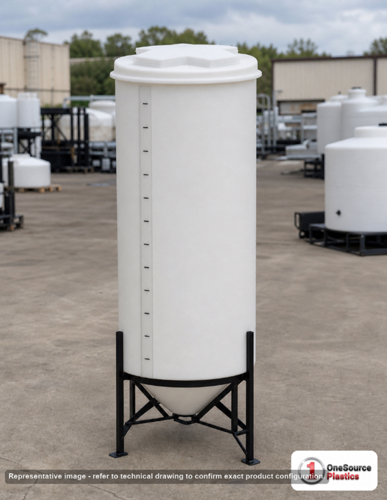 100 Gallon 15 Degree Cone Bottom Tank. Polyethylene; White; 63" H x 23" W x 23" L. Manufacturer part number N-41461.