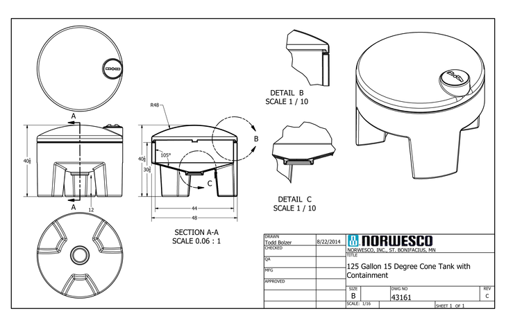 125 Gallon 15 Degree Cone Bottom Tank with Poly Stand